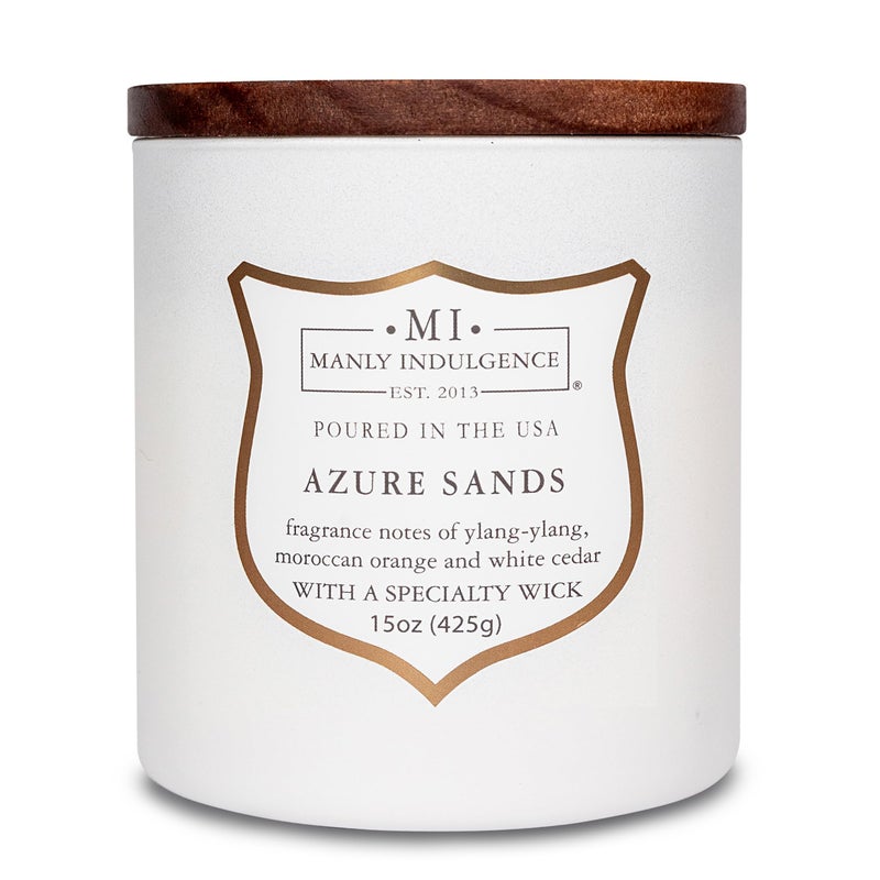 Manly Indulgence Azure Sands Scented Candles for Men, 15 oz Wooden Wick, Premium Soy Blend Wax, 60H Burn, Candles for Home Scented - Made in The USA - Image 1